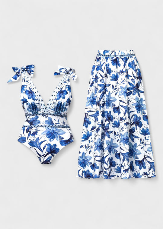 Costume da bagno floreale blu bohémien con scollo a V e gonna, con lacci sul davanti