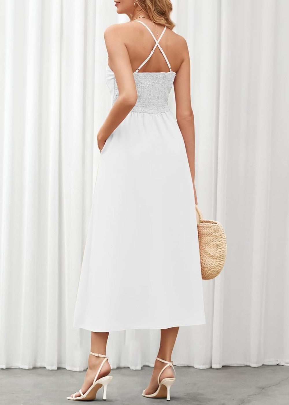 Joly - Vestito casual da spiaggia senza maniche con scollo a V, spacco e tasche
