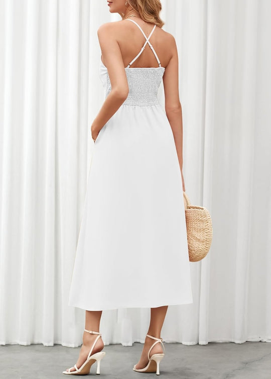 Joly - Vestito casual da spiaggia senza maniche con scollo a V, spacco e tasche