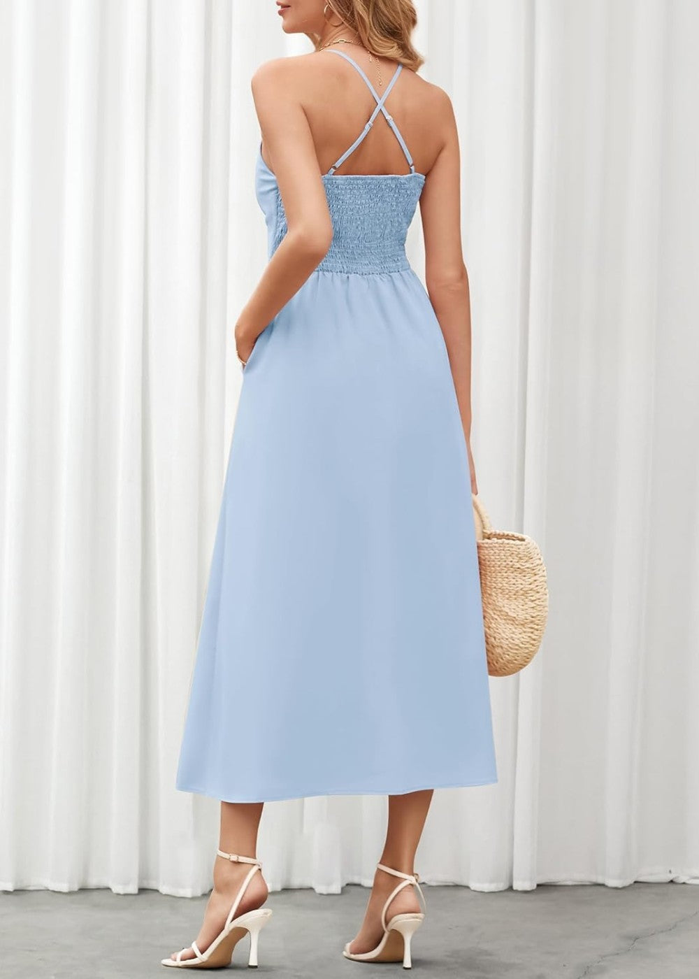 Joly - Vestito casual da spiaggia senza maniche con scollo a V, spacco e tasche