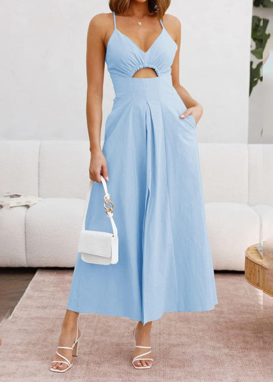 Joly - Vestito casual da spiaggia senza maniche con scollo a V, spacco e tasche