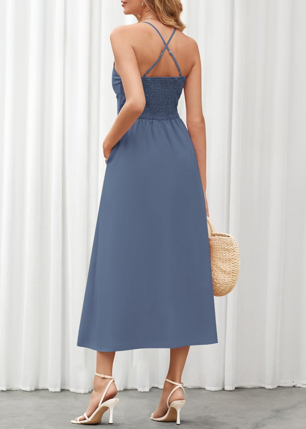 Joly - Vestito casual da spiaggia senza maniche con scollo a V, spacco e tasche