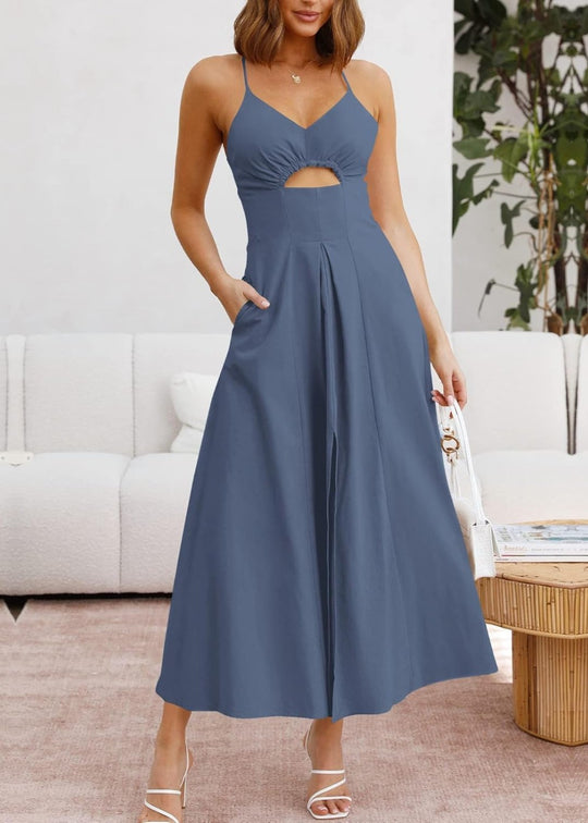 Joly - Vestito casual da spiaggia senza maniche con scollo a V, spacco e tasche