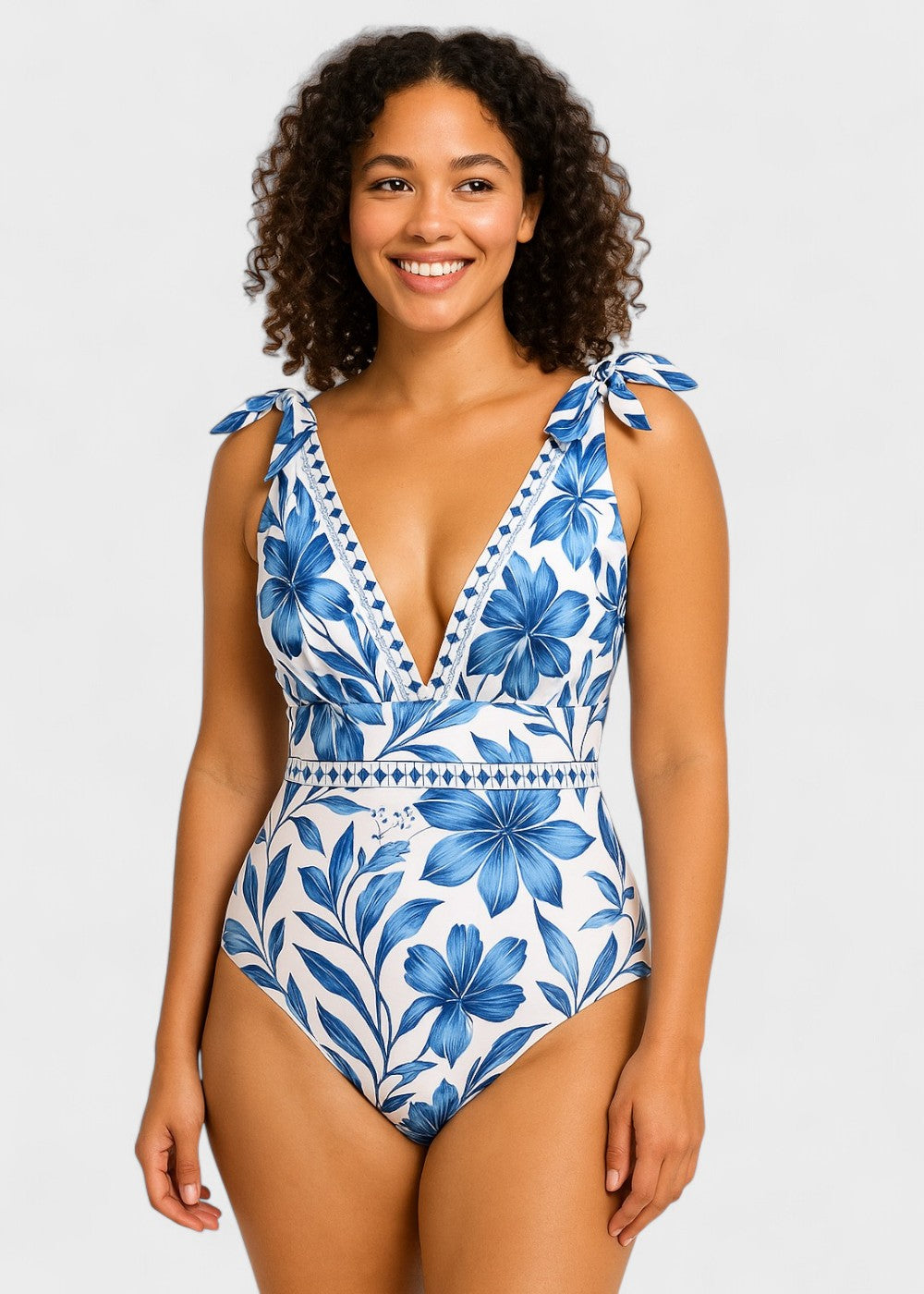 Costume da bagno floreale blu bohémien con scollo a V e gonna, con lacci sul davanti