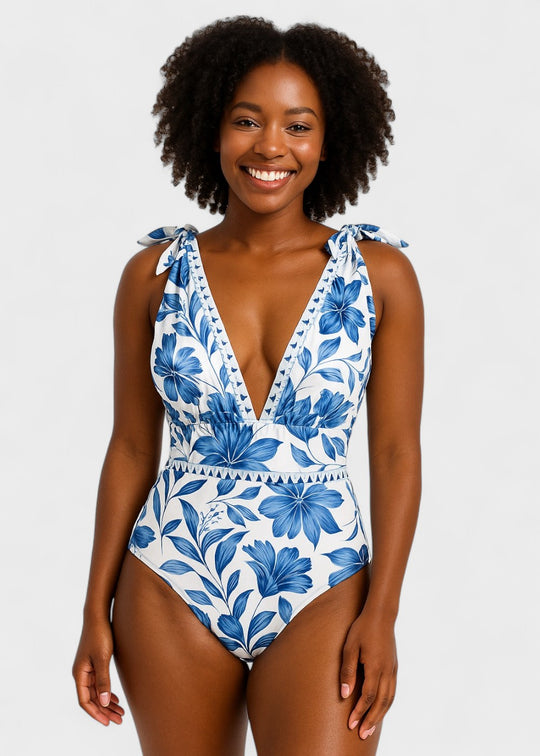 Costume da bagno floreale blu bohémien con scollo a V e gonna, con lacci sul davanti