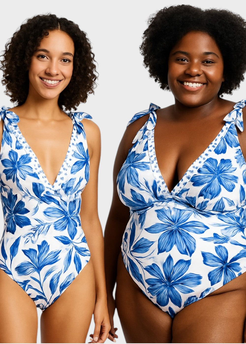 Costume da bagno floreale blu bohémien con scollo a V e gonna, con lacci sul davanti
