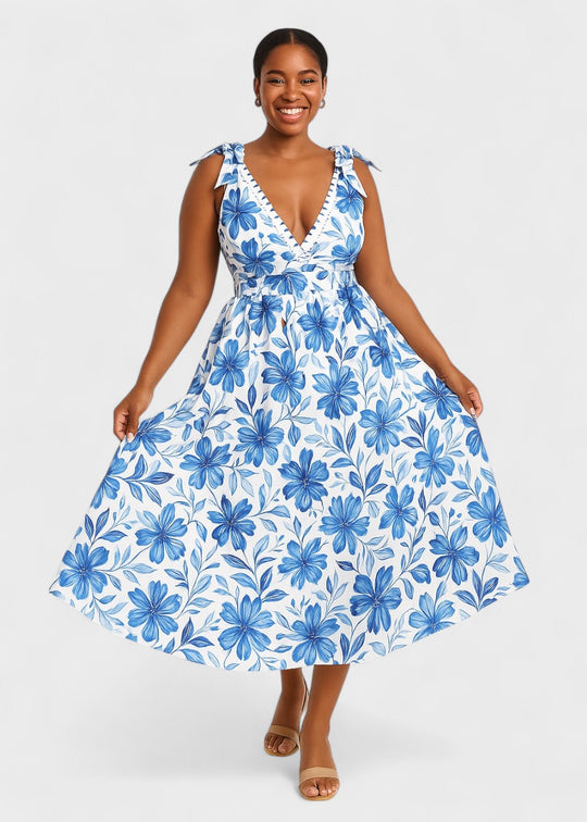 Costume da bagno floreale blu bohémien con scollo a V e gonna, con lacci sul davanti