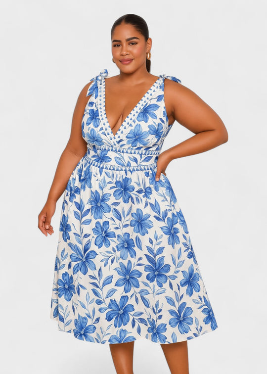 Costume da bagno floreale blu bohémien con scollo a V e gonna, con lacci sul davanti