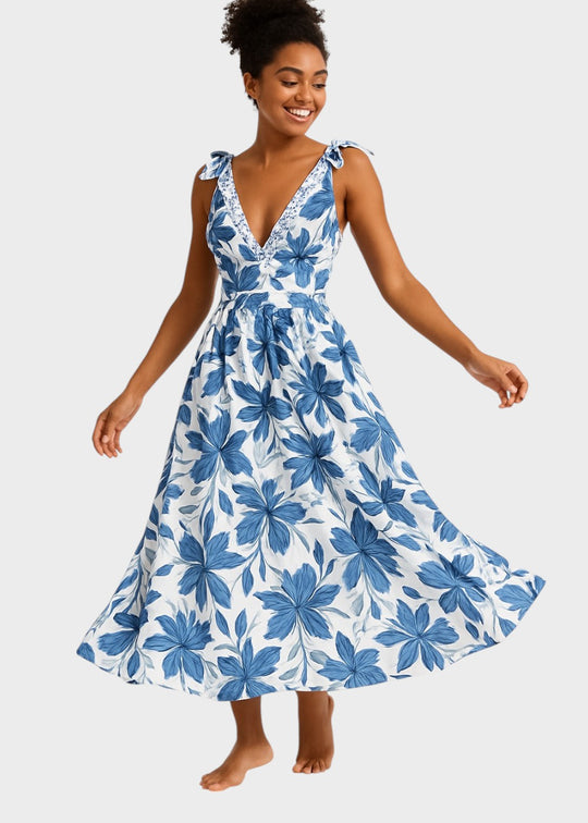 Costume da bagno floreale blu bohémien con scollo a V e gonna, con lacci sul davanti