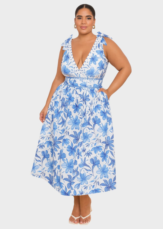 Costume da bagno floreale blu bohémien con scollo a V e gonna, con lacci sul davanti