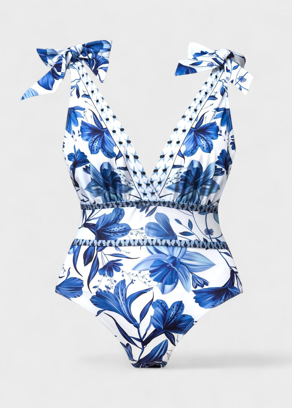 Costume da bagno floreale blu bohémien con scollo a V e gonna, con lacci sul davanti