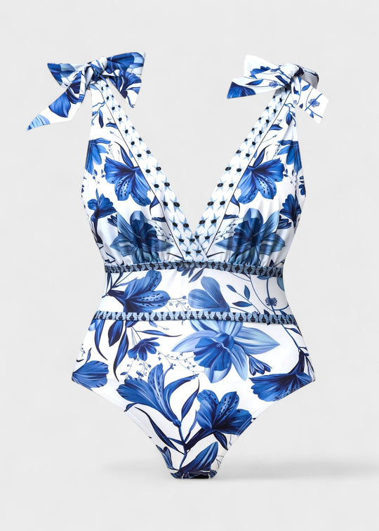 Costume da bagno floreale blu bohémien con scollo a V e gonna, con lacci sul davanti