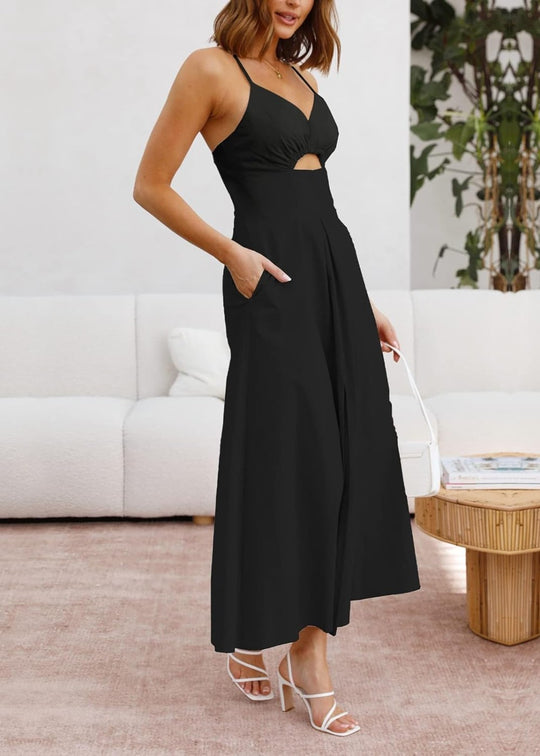 Joly - Vestito casual da spiaggia senza maniche con scollo a V, spacco e tasche