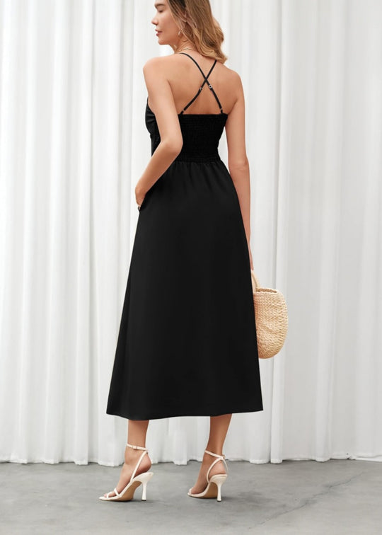 Joly - Vestito casual da spiaggia senza maniche con scollo a V, spacco e tasche