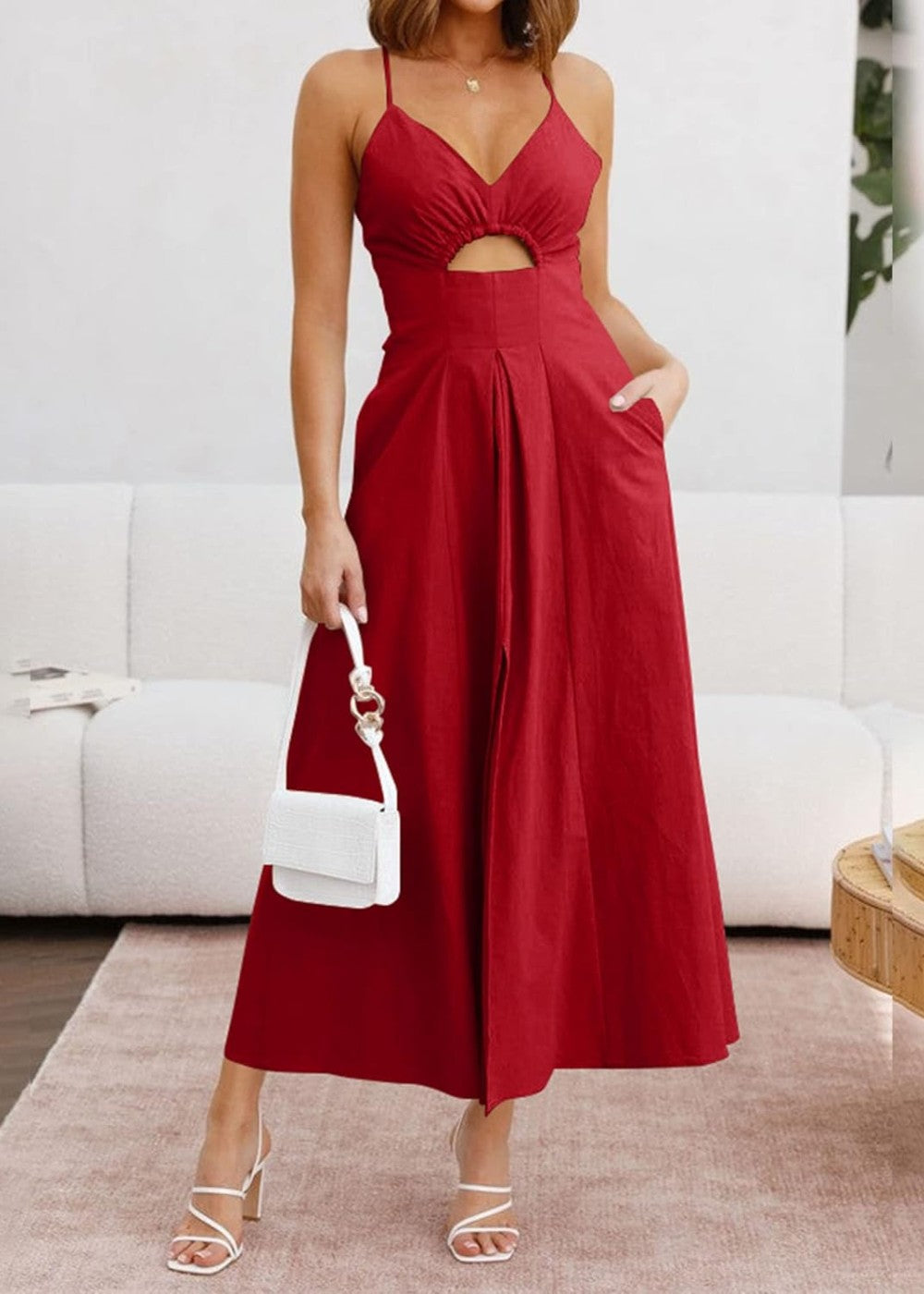 Joly - Vestito casual da spiaggia senza maniche con scollo a V, spacco e tasche