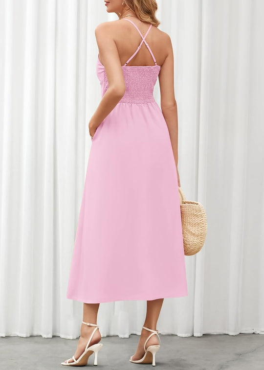 Joly - Vestito casual da spiaggia senza maniche con scollo a V, spacco e tasche